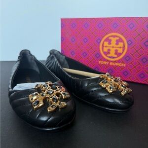 New! Tory Burch Black Quilted Flats with Gold Embellished Logo - size 6.5